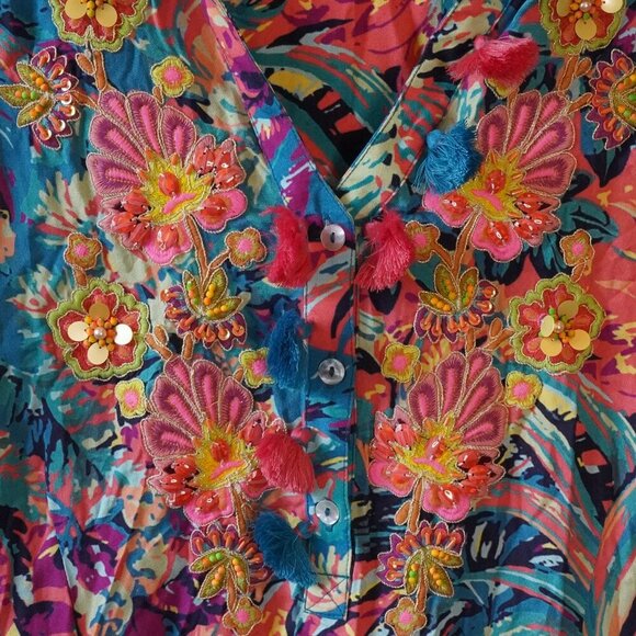 Soft Surroundings, Florence Tropicana, Floral Embroider Tassel Maxi Shirt Dress - Picture 5 of 7